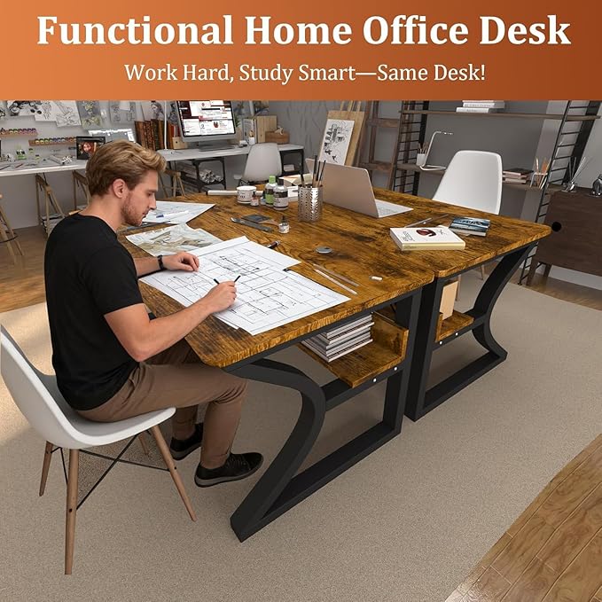 AZN Computer Desk, 55'' Computer Desk, Home Office Desks w/Storage, Home Office Desks w/U-Size Metal Frame for Home Office Bedroom, Study Writing Work Table w/Water-Resistant, Scratchproof Surface