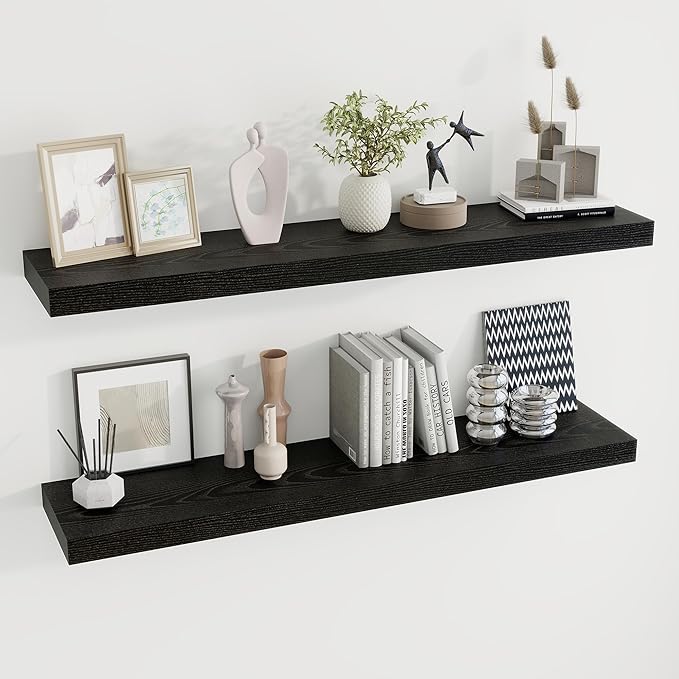 Dreamland 48 inch Floating Shelves for Wall Large Wall Mounted Shelves with Invisible Brackets, Black Long Shelves for Bathroom, Living Room, Kitchen, Office, 48x9.1 inch deep Set of 2