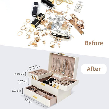 Dajasan Jewelry Box for Women, 3 Layers Large Jewelry Organizer Box, Jewelry Storage Case for Earring, Ring, Necklace, Bracelets (Cloud White + Gold)