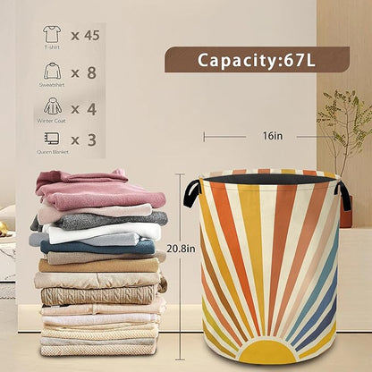 Colorful Boho Laundry Basket,Sunrise Rainbow Collapsible Laundry Baskets with Handles,Waterproof Oxford Cloth Storage Basket 16"x20" for Bathroom/Bedroom/Dormitories