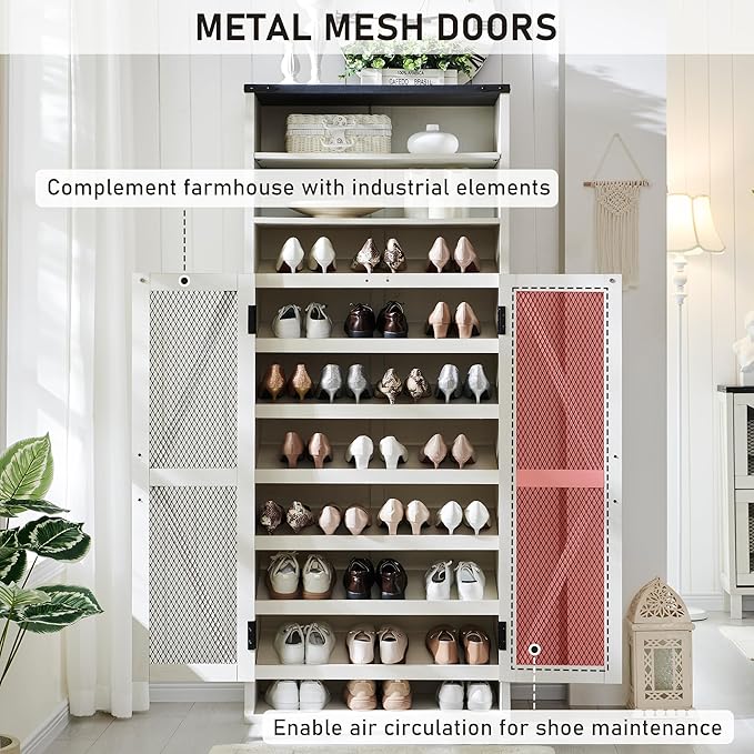 JXQTLINGMU Farmhouse Shoe Cabinet, 72" Tall with Mesh Doors and Adjustable Shelves, Rustic Wooden Shoe Organizer, Modern Large Shoe Storage for Entryway, Off White
