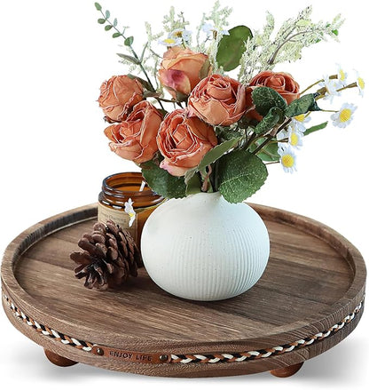 Farmhouse Decorative Round Tray, 11.81 Inch, Versatile Centerpiece Tray for Coffee Table Kitchen Living Room Bathroom, Home Decor Accent Rustic + Stripes