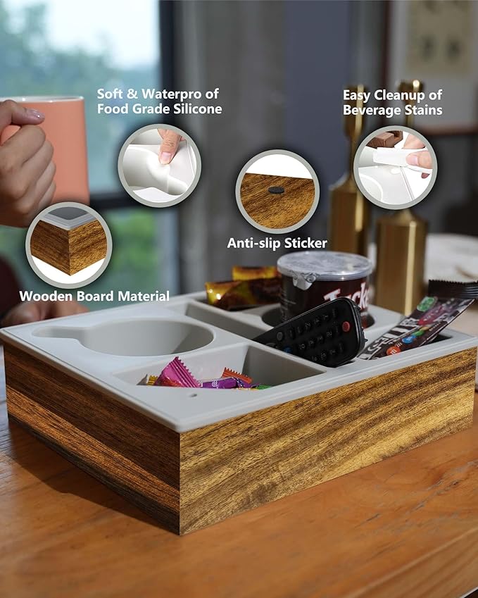 Couch Cup Holder Tray, Hitseon Soft Food Grade Silicone Acacia Wooden Couch Caddy for Bed Car Seat Beach Organizer, Anti-Spill Couch Drink Holder for Snacks Beverage Remote (Black, 11.5 * 10 * 3 in)