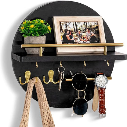 Key Holder for Wall Decorative with Shelf and Hooks, Mail Organizer Wall Mount with Sunglasses Holder, Circular Design Entryway Key Rack Hanger, Rustic Home Decor