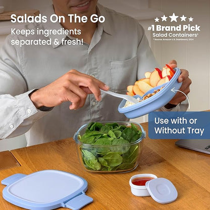 Bentgo Glass Salad Container - 7.6-Cup Salad Bowl with Airtight Lid, Leak-Proof Sauce Container, 4-Compartment Bento Tray & Reusable Fork - BPA-Free for Meal Prep, Office & More (Light Blue)