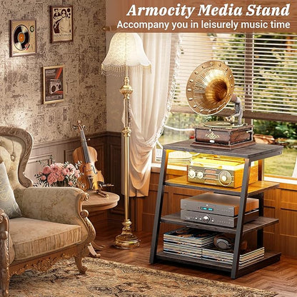 Armocity 4-Tier AV Media Stand with Power Strips, Stereo Stand with LED Lights, Rack Audio Tower with Adjustable Shelves, Small Entertainment Center, 30'', Grey Oak