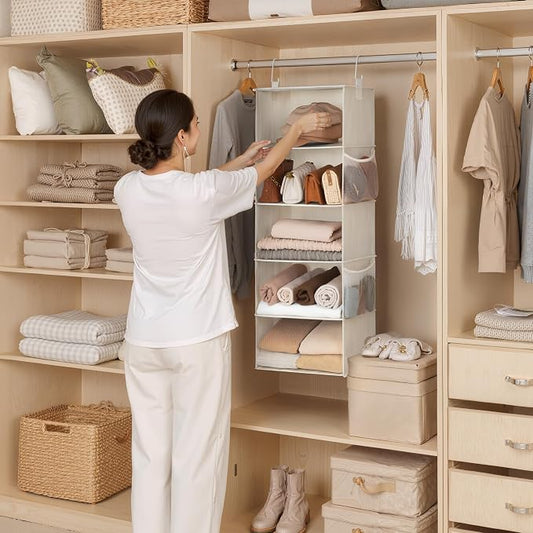 StorageWorks Hanging Closet Organizer, 5-Shelf Hanging Shelves with 2 Hooks, Foldable Space-Saving Design, Closet Organizers and Storage for Bedroom, Dorm, Locker, White & Ivory