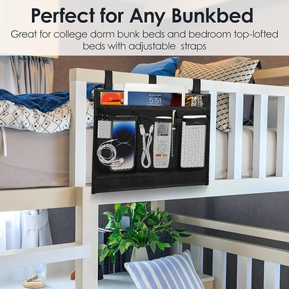 Bedside Caddy Storage Organizer, Hanging Storage Bag Pocket for Bunk/Hospital Beds,College Dorm Organizer for Remotes Phone,College Dorm,Camp,Bed Rails(4 Pockets),Black