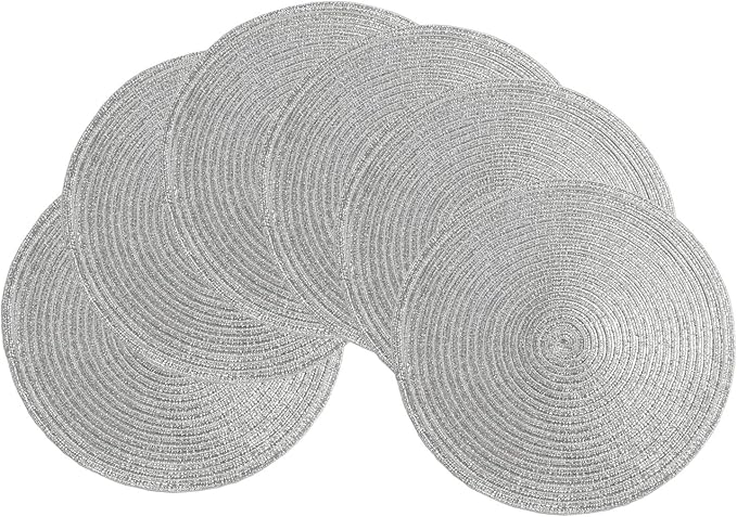 SHACOS Silver Glitter Round Placemats Set of 6 Sparkle Bling Place Mats Glitz Table Mats for Holiday Home Party Wedding Festive Table Decoration (6, Silver)