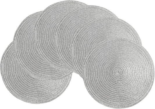 SHACOS Silver Glitter Round Placemats Set of 6 Sparkle Bling Place Mats Glitz Table Mats for Holiday Home Party Wedding Festive Table Decoration (6, Silver)
