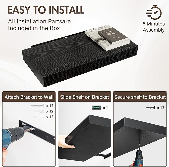 Acovy 24 Inch Floating Shelves, 12" Deep Floating Shelf Wall Mounted, 24" Wall Shelves, Rustic Deep Bookshelf, Extra Deeper & Thicker Display Shelves for Bedroom, Living Room, Black, Set of 2