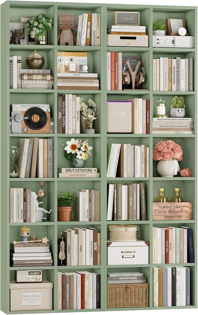 FOTOSOK 71'' Tall Bookshelf Set of 2, 7 Tier Large Bookshelf with Adjustable Shelves, Wide Bookcases and Bookshelf, DVD/CD Media Tower Storage, Cube Book Shelf Display Storage Cabinet, Green