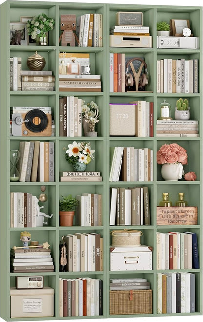 FOTOSOK 71'' Tall Bookshelf Set of 2, 7 Tier Large Bookshelf with Adjustable Shelves, Wide Bookcases and Bookshelf, DVD/CD Media Tower Storage, Cube Book Shelf Display Storage Cabinet, Green