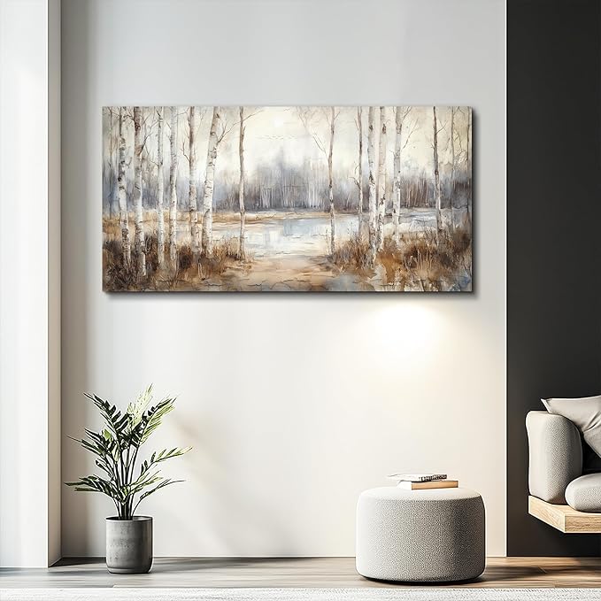 QIYILEXWART Large Wall Decor For Living Room Stretched And Framed Canvas Wall Art For Office Wall Decorations For Bedroom Birch Forest Painting By The Lake Picture Home Decor Ready To Hang