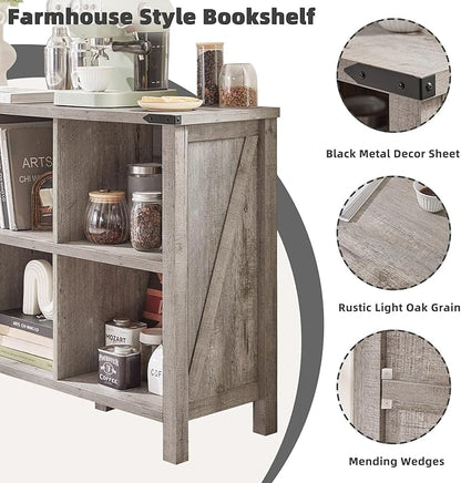 8 Cube Book Shelf, Farmhouse Wood Long Storage Organizer Bookcase, 62" Horizontal Grey Oak Console Closet Bookshelf, Hallway TV Stand for Entryway, Display Cabinet Book Case for Living Room