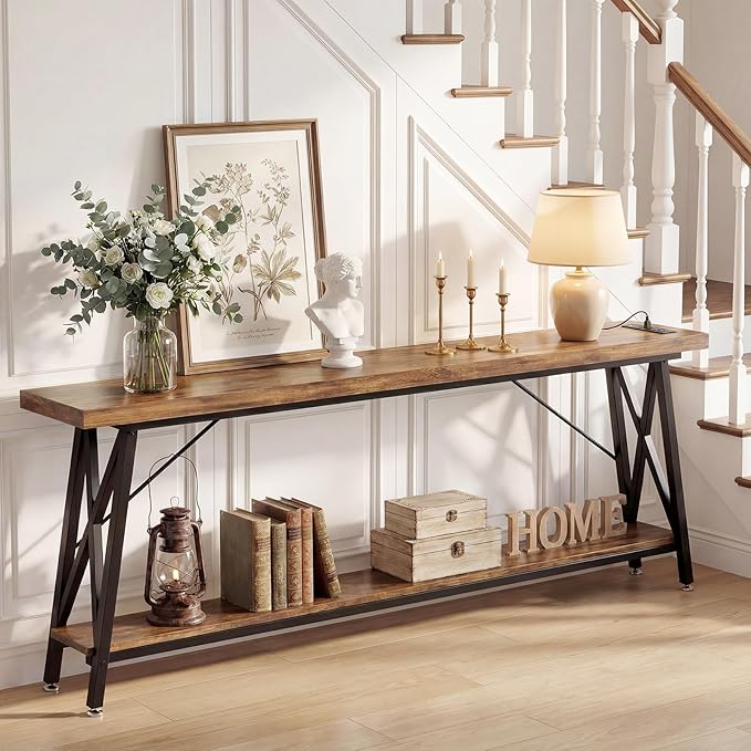 Homieasy 70.9 Inch Extra Long Console Table, Industrial Sofa Table Behind Couch with Charging Station & Storage Shelf, Entryway Table for Living Room & Entryway, Rustic Brown