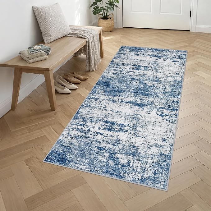Washable Area Rug 3x8 Entryway Rug: Washable Modern Abstract Soft Thin Rug Indoor Floor No Slip Stain Resistant Carpet for Bedroom Dining Room Farmhouse Nursery Home Office - Blue