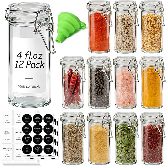 ComSaf 12 Pack 4 oz Glass Jars with Airtight Lids Food Grade, Small Glass Containers for Home Cooks, Crafts & Party Favors, Glass Spice Jars with Labels for Spices & Herbs Storage, Dishwasher Safe