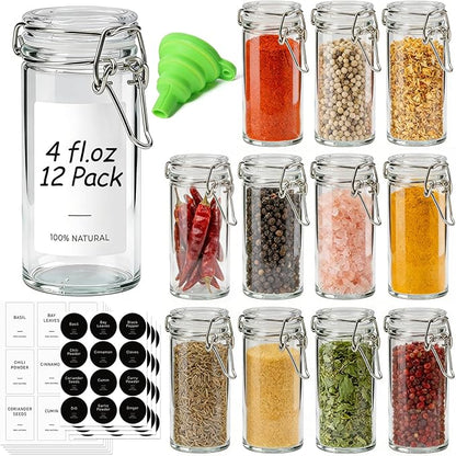 ComSaf 12 Pack 4 oz Glass Jars with Airtight Lids Food Grade, Small Glass Containers for Home Cooks, Crafts & Party Favors, Glass Spice Jars with Labels for Spices & Herbs Storage, Dishwasher Safe