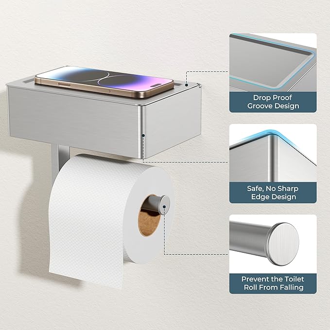FORIOUS Toilet Paper Holder with Shelf, Sanitary Napkin Receptacle Tampon Holder, Wall Mount Toilet Paper Holder with Storage, Flushable Wipes Dispenser Fits for Bathroom Commercial(1, Brushed Nickel)
