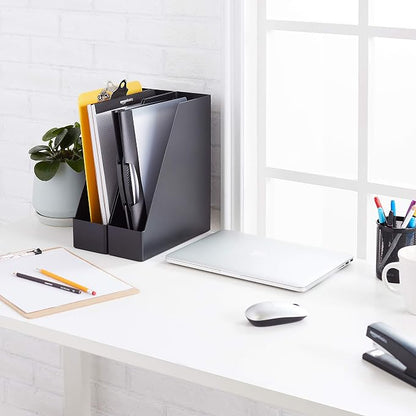 Amazon Basics Plastic Desk Organizer Magazine Rack and File Holder, Black, 4-Pack