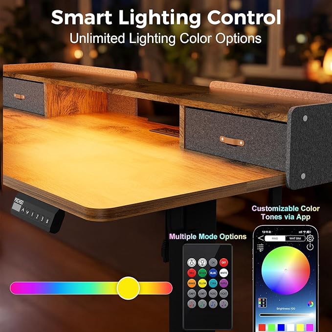 Electric Standing Desk with Drawers, 55 Inch Height Adjustable Desk with Power Outlets & LED Lights, Sit Stand Table with Monitor Stand for Home, Office, Rustic Brown