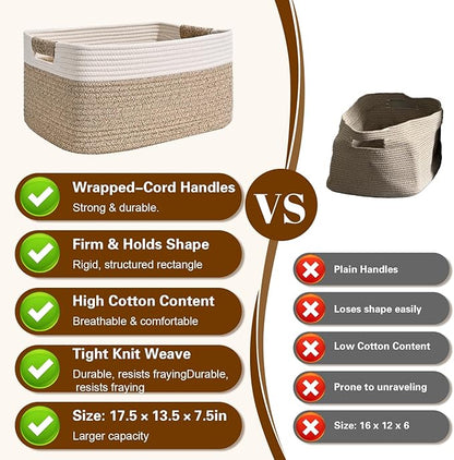 4 Pack Large Storage Basket for Organizing, 17.5"x13.5"x7.5" Woven Basket for Shelves, Closet Cube Storage Bins with Wrapped Handle, Cotton Rope Baskets for Kitchen, Clothes, Toys(Off White & Brown)