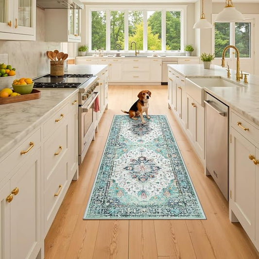 RELEANY Area Rugs Runner 2'x6' Washable Non-Slip, Floral Vintage Distress Medallion Carpet for Kitchen Hallway Bedroom Beside Laundry Room Bathroom, Green Navy Blue White Red Teal