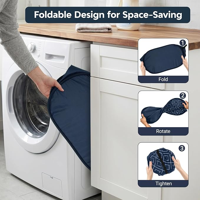 Collapsible Laundry Baskets with Side Pocket, Sturdy Pop Up Foldable Laundry Hamper with Reinforced Handles, Easy to Carry Clothes Hamper for Bathroom, Bedroom, Dorm, Travel -Prism Print, Navy Blue