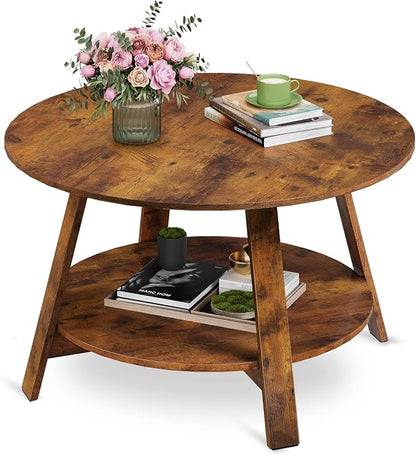 WLIVE Round Coffee Table, 2-Tier Wood Coffee Table with Storage Shelf, Tapered Legs, Circle Wood Small Center Table for Living Room, Apartment, Easy Assembly, Rustic Brown