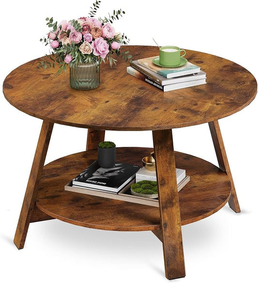 WLIVE Round Coffee Table, 2-Tier Wood Coffee Table with Storage Shelf, Tapered Legs, Circle Wood Small Center Table for Living Room, Apartment, Easy Assembly, Rustic Brown
