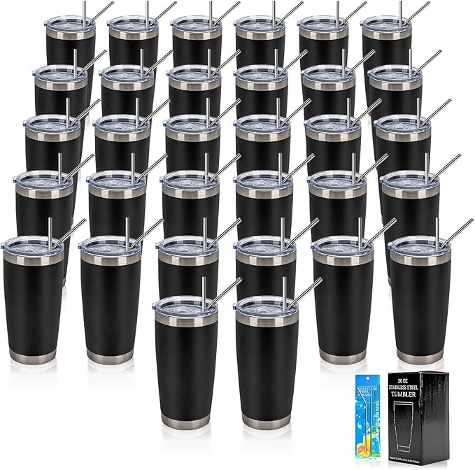 IEOVIEE 32 Pack, 20oz Stainless Steel Bulk Tumblers with Lids and Straws, Double Wall Insulated Travel Coffee Mug, Durable Powder Coated Tumbler Bulk Cup for Cold and Hot Drinks(Black)
