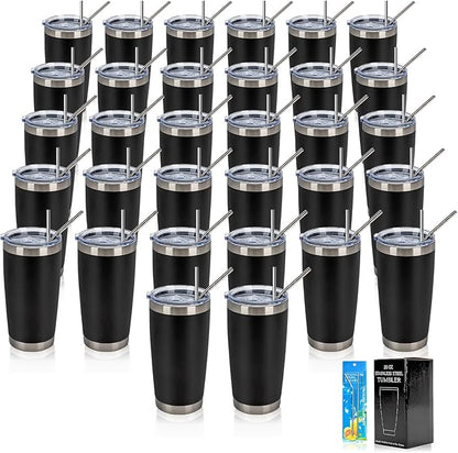 IEOVIEE 32 Pack, 20oz Stainless Steel Bulk Tumblers with Lids and Straws, Double Wall Insulated Travel Coffee Mug, Durable Powder Coated Tumbler Bulk Cup for Cold and Hot Drinks(Black)