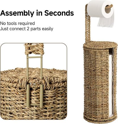 StorageWorks Wicker Seagrass Freestanding Toilet Paper Holder Stand with Storage, Farmhouse Covered Toilet Paper Stand for 4 Rolls with Cloth Lining, Tissue Holder for Bathroom Decor with Shelf