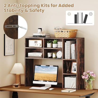 Desk Hutch, Desktop Shelf with 7 Shelves, Desk Bookshelf w/Anti-Toppling Devices, Wood Table Top Bookshelf Organizer, Small Desk Shelf for Study, Office, Dorm (Rustic Brown, 7 Shelves)