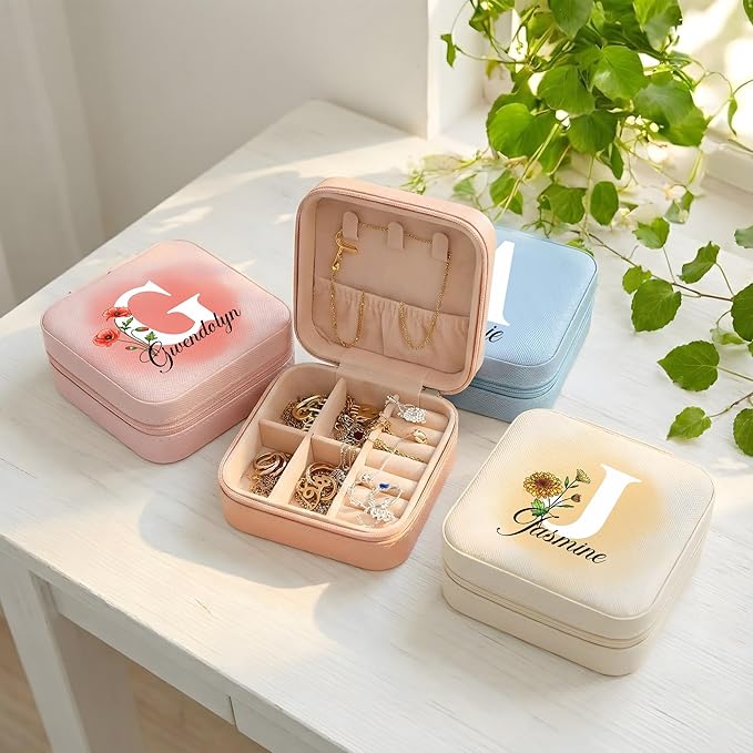 Custom Leather Jewelry Box w/Name & Birth Flower Month - Birthday Gifts for Women, Personalized Jewelry Travel Case - Customized Jewelry Organizer Box, Mom Birthday Gifts