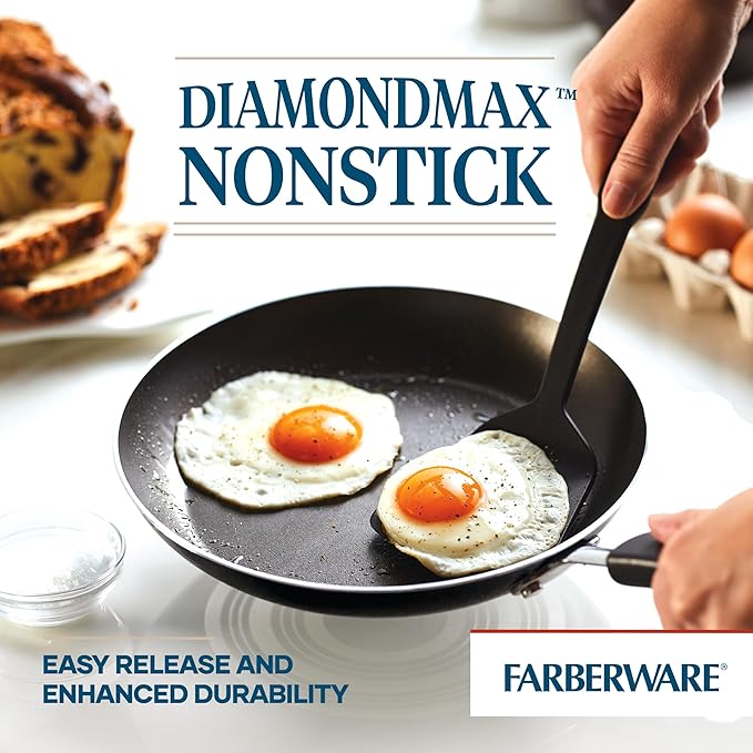 Farberware Cookstart DiamondMax Nonstick Cookware/Pots and Pans Set with Glass Lids, Dishwasher Safe, Includes Baking Pan and Kitchen Cooking Tools, 15 Piece - Black