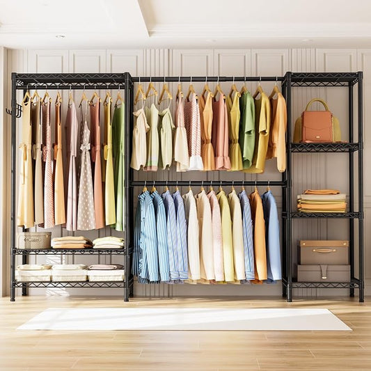 Golpart Heavy Duty Garment Rack Clothes Rack,Large Metal Closet Organizer System Storage Wardrobe,Freestanding Clothing Rack with 7 Adjustable Wire Shelves&3 Hang Rods,MaxLoad 1500lbs