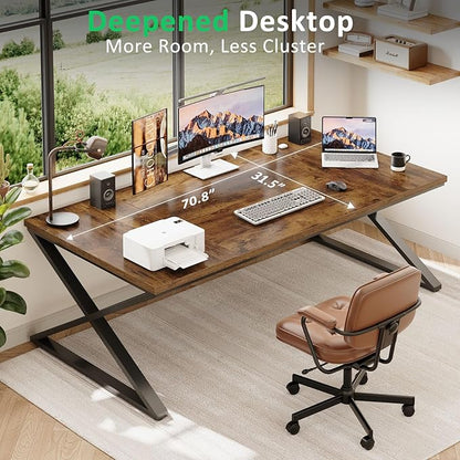IBF 70.8" Rustic Computer Desk, Extra Long Wood Office Desk for Home, Industrial Metal Large Work Study Writing Table, Dual Monitor Pc Workstation Computer Table for Two Person, Rustic Brown