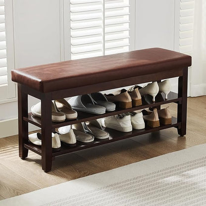 40" Shoe Bench with Leather Cushion, 2-Tier Shoe Rack Entryway Bench, Wood Bench for Front Door Entrance, Mudroom, Hallway, Wooden Shoe Shelves, Shoe Organizer, Shoe Storage, Brown