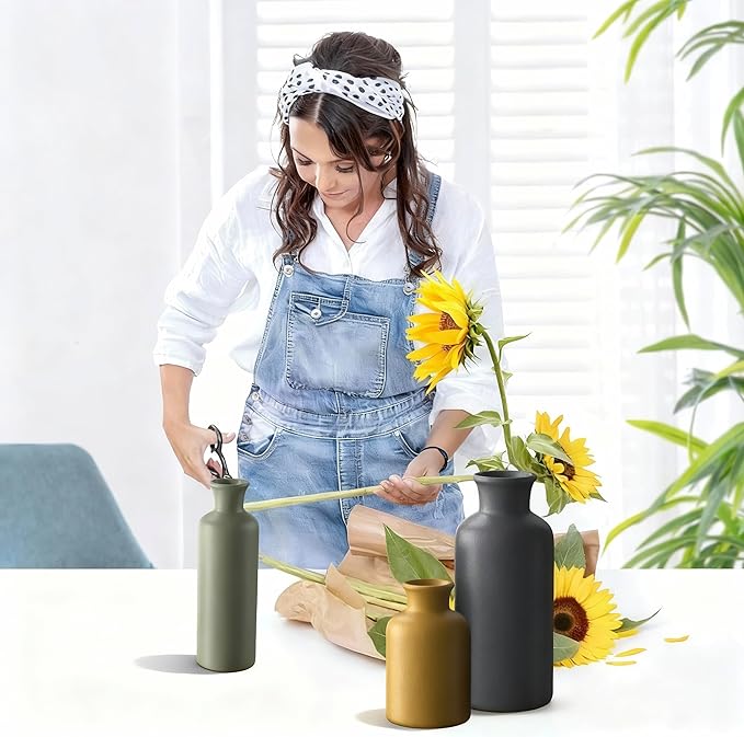 3PCS Ceramic Vase Set for Pampas Grass, Modern Boho Home Decor, Matte Handmade Vases Multi-Color for Farmhouse Living Room Shelf, Mantel, Centerpieces, Kitchen, Coffee Table Decoration