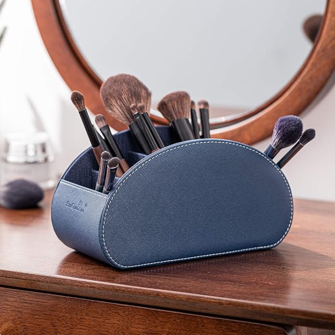 Remote Control Holders Organizer Box with 5 Compartment PU Leather Multi-functional Office Desk Storage Caddy Store Tv Remote for Media Player,Brush,Pencil,Glassees&Office Supplies (Dark Blue)