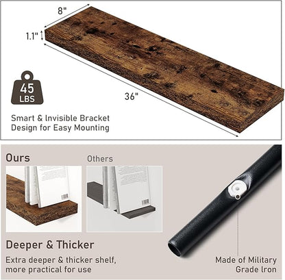 Fun Memories 36 Inch Floating Shelves, Wall Shelves Set of 2 for Bathroom/Living Room/Bedroom/Kitchen, Wall Mounted Floating Shelf for Home Decor with Invisible Brackets, Rustic Brown
