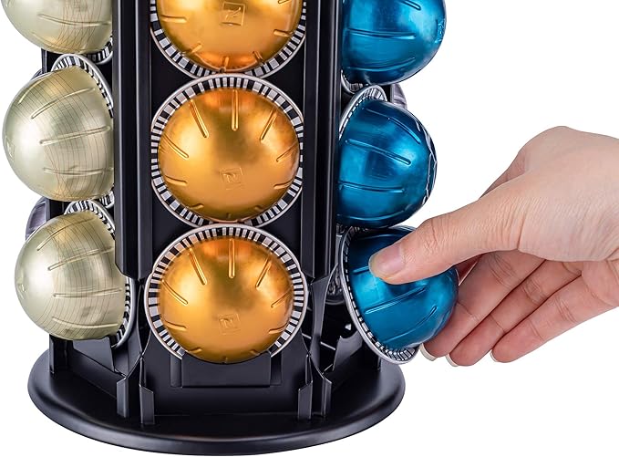 FlagShip Coffee Pod Holder for Nespresso Vertuoline,Rotating Carousel with Extra Top Space Holds 80+ Pods,Prefect fit all size Vertuo Pods,No Assembly Required Black Metal for Nespresso Pod Storage