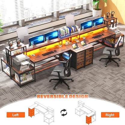 EnHomee 71" L Shaped Computer Desk with 3 Drawers & Hutch,Reversible Gaming Desk with LED Lights & Power Outlet,Home Office Desks with Monitor Stand & Printer Shelf for Student School Rustic Brown