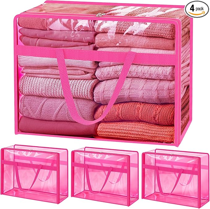 SGHUO Clear Storage Bags 60L Extra Large Plastic Vinyl Blanket Storage Bag for Clothes, Comforter, Bedding, Moving Bags with Zipper and Reinforced Handle (4pcs, Pink)