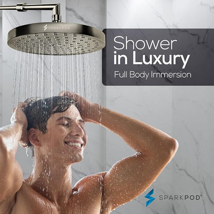 SparkPod Rain Shower Head, 8 Inch Round | High Pressure Shower Heads, 90 Nozzle (Touch-to-Clean), Adjustable Showerhead, No-tool Universal Connection
