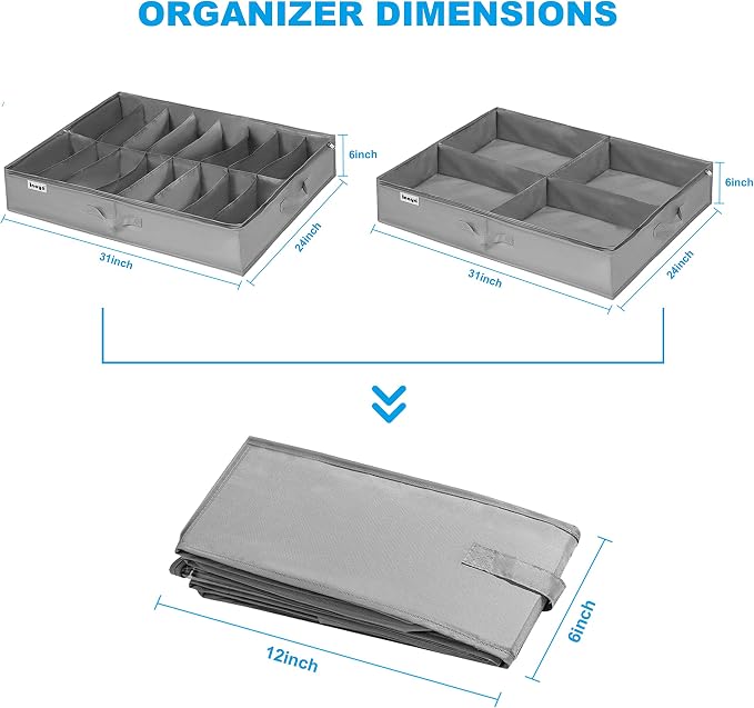 Under Bed Shoe Storage Organizer Set of 2, Fits 16+4 Pairs Boots Total, Underbed Shoe Box Storage Containers w/ Reinforced Handles, Clear Foldable Shoes Organizer Adjustable Dividers w/ Bottom Support