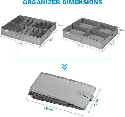 Under Bed Shoe Storage Organizer Set of 2, Fits 16+4 Pairs Boots Total, Underbed Shoe Box Storage Containers w/ Reinforced Handles, Clear Foldable Shoes Organizer Adjustable Dividers w/ Bottom Support
