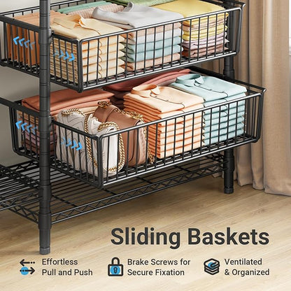 VIPEK V10 Garment Rack Large Size Heavy Duty Clothes Rack with Hanging Rods, Adjustable Shelves & 2 Slid Storage Baskets, Wire Clothing Rack 68.9" W x 15.7" D x 76.4" H, Max Load 920 LBS, Black